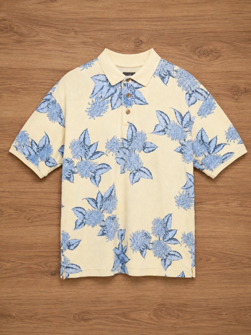 Caribbean Pale Yellow Blue Floral Polo Short Sleeve Shirt - L